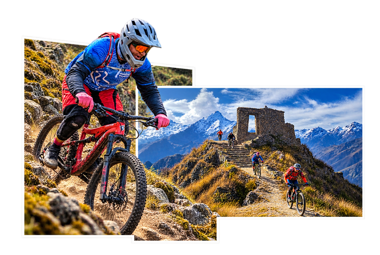 Mountain bikers riding technical Andean trails near ancient Inca ruins in Cusco and the Sacred Valley, Peru.